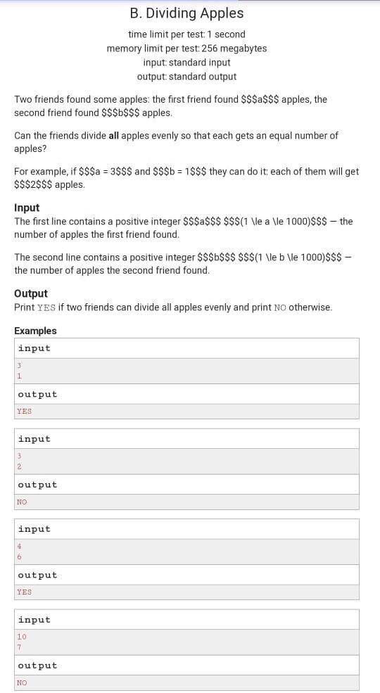 B. Dividing Apples time limit per test 1 second memory limit per test: 256 megabytes input standard input output standard out