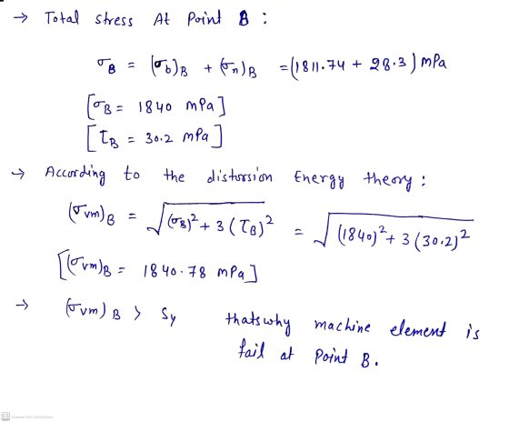 → Total stress At Point A : TB (1811.74 + 28.3 ) mpa (OOB + fonds [=B= 1840 mpa [to → According to the distorsion Energy theo