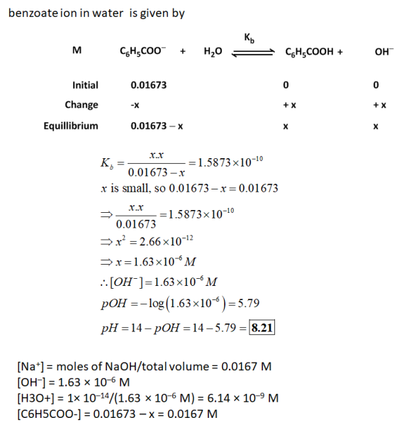 benzoate ion in water is given by 1 Kb M CH COO + H2O = CH,COOH + Initial 0.01673 Change Equillibrium 0.01673 - x -=1.5873x10