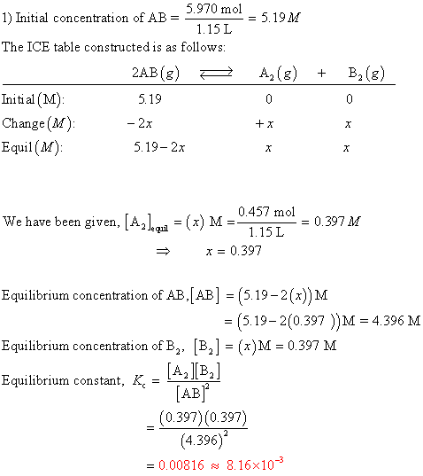 5.970 mol_519M A(g) + B2 (8) 1) Initial concentration of AB = 1.15L The ICE table constructed is as follows: 2AB(g) 2 Initial