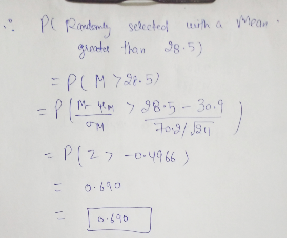 18:5) Pl Randomly selected with a mean greater than P ( M 7 28.5) M-yem > 98.5-30.9 70.91824 P Ом - P(2. 27 -0.4966 0.690 = 6