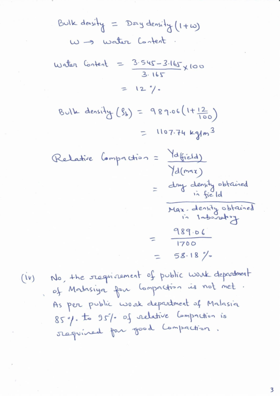 Bulk density = Dory density (1+w) water Content water Content 3.545-3.165 3.165 xloo = 12% Bulk density (36) = 989.06 (1+12 1