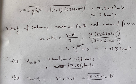 23 v=gre= ((9.8) (6371x103) = 7.9 x 103 mils = 8 kmls velocity of Stationary rocket on Earth wat universal fram v=wRE = 20h –