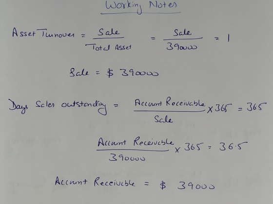 Working Notes N Asset Turnover Sale = sale 3 9ouw 21 Total Asset Sale = $ 390000 Days Scler outstanding Account Receivable X