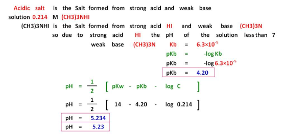 strong acid and weak base Acidic salt is the Salt formed from solution 0.214 M (CH3)3NHI (CH3)3NHI is the Salt formed from so