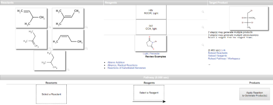 Reactants Reagents Target P HaC HBr ROOR, Light H,c CH CH H,C Br2 CCI4, light CH3 2 step(s) may generate muitiple praducts 3 stepfs) may generale muliple stereoisomers Select 읕 reagent fron the reagent fran@ CH CH (0.463 sec) Link Reload Reactants Reload Reagents Rcload Pathway IWorkspace Light, Peroxide Review Examples Alkene Addition Alkanes, Radical Reactions Reactions of Substituted Benzenes CH, Pathway (0.000 sec) Reactants Reagents Products Select a Reagent Apply Reaction to Generale Product(s) Select a Reactant