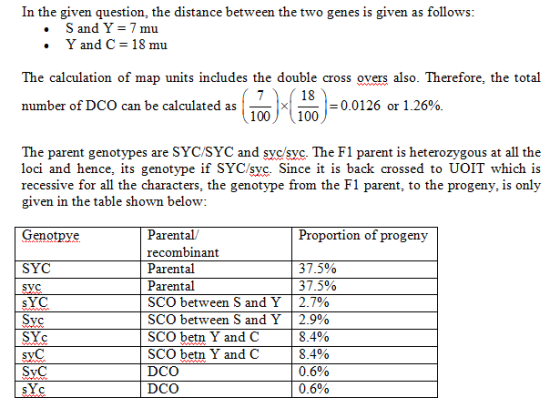 In the given question, the distance between the two genes is given as follows Sand Y 7 mu . Yand C 18 mu The calculation of m