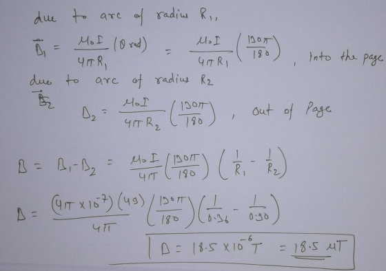 due to are of radius Ri, 5 - Mob (Ond) - M. I ( hon into the page due YTR, to are - GITRI of radius R2 Mol / 1000 = MOI out o