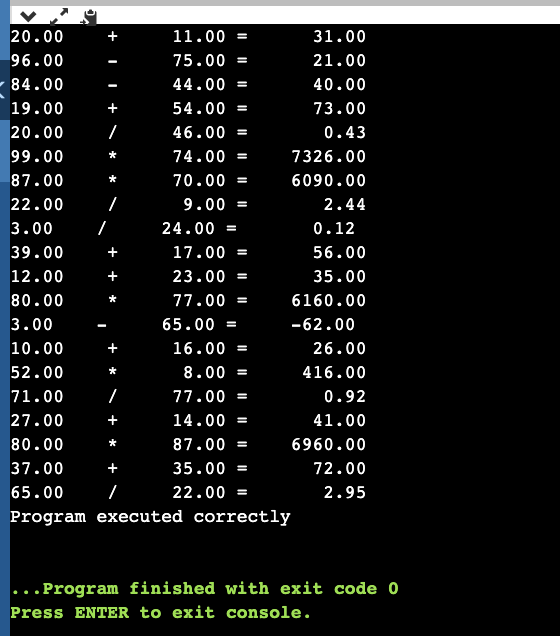 = 20.00 11.00 = 31.00 96.00 75.00 = 21.00 84.00 44.00 = 40.00 19.00 54.00 = 73.00 20.00 46.00 = 0.43 99.00 74.00 = 7326.00 87