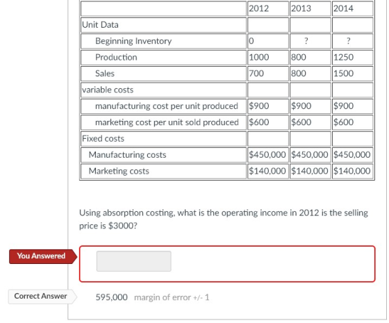 2012 2013 2014 Unit Data Beginning Inventory o ? ? Production 1000 800 1250 Sales 700 800 1500 variable costs manufacturing c