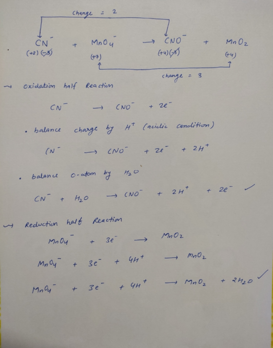 Change CN (+2) 3 MnOu CNO Mn02 +7) 4) change 3 Oxidation half Rea chiem CN CNO + 2e balance charge by H (aciclic conolition)