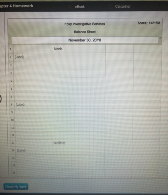 apter 4 Homework eBook Calculator Score: 14/150 Foxy Investigative Services Balance Sheet November 30, 20Y8 1 Assets 2 (Label