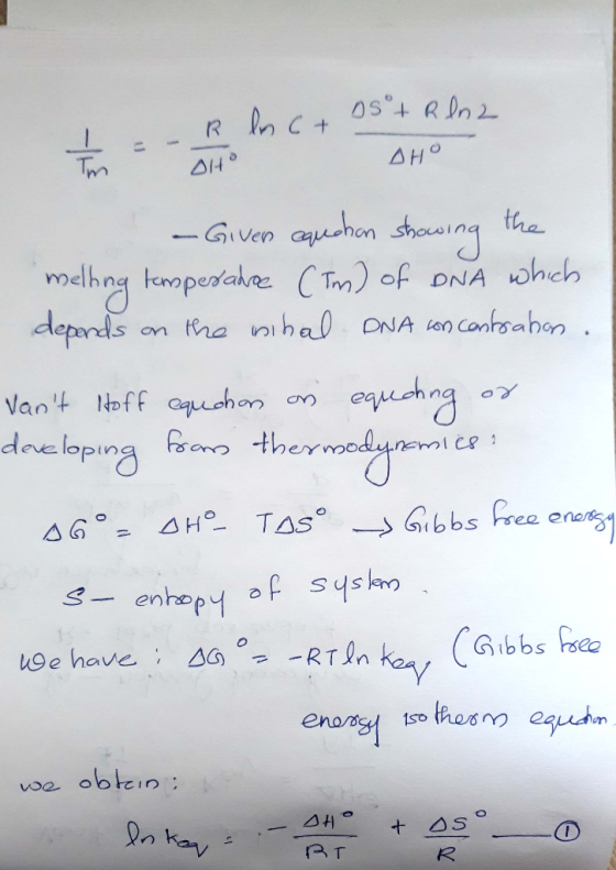 + = - Bln C+ os t Rhoz 40 Oto - Giver equchon showing the melting temperakroe (Tm) of DNA which depends on the wihal DNA in c