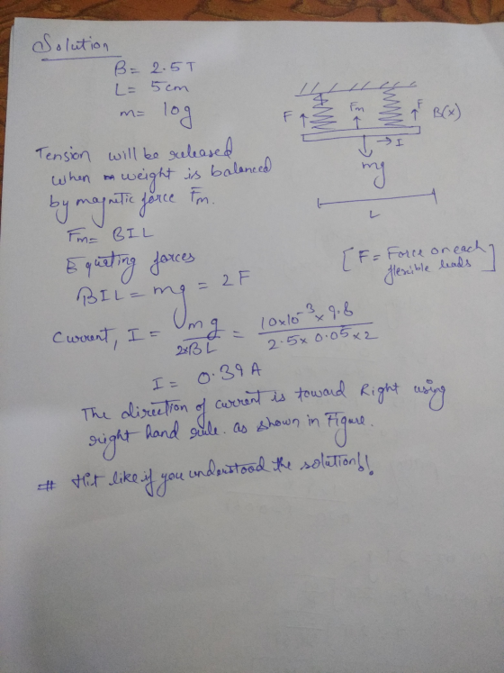 Solution B= 2.5T L= 5cm log Tension will be released When Fm suming F q ² TI my m= BIL weight is balanced by magnetic force i