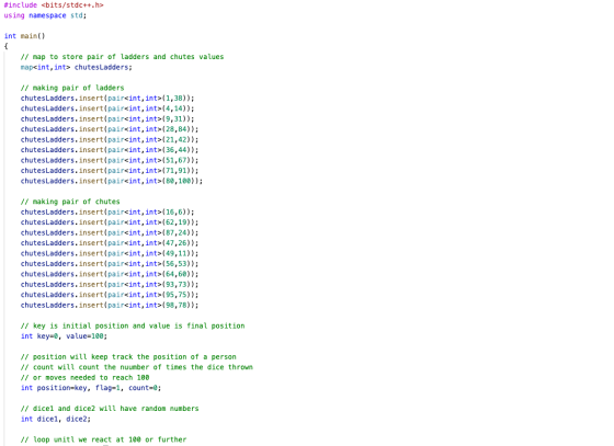 #include <bits/stdc++.h> using namespace std; int main() // map to store pair of ladders and chutes values map<int, int> chut