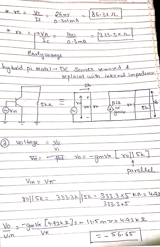 _*re VI 26 mv - = 26mmin -186311 8.6.3tr 0.3olma - * ro = DVA PYA_-_1002 1333.3. k se 0.3mA - Early voltage hybrid pi Model D