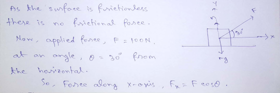 Trst As the surface is fisictionless these is no frictional fosce. Now, applied force, F=foon, at an angle, o=30 from the hor