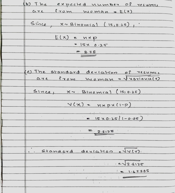 6 The are expected number of resume from woman Elx) Since X~ Binomial (15,0:25) E(x) г Ихр z 15% 0.25 - = 3.75 (e) The standa