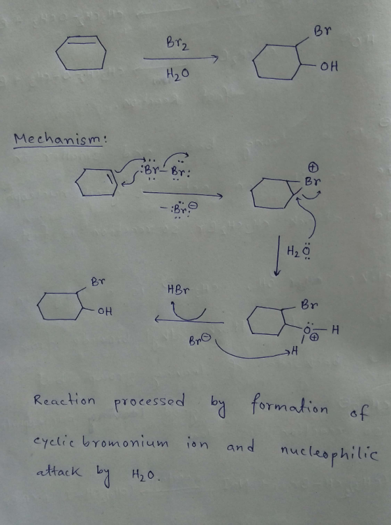 Br Brz — ОН H₂O Mechanism: r - Br: - Brico HBr Br -oh Br Reaction processed by formation of cyclic bromonium ion and nucleoph