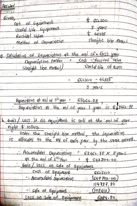 ADSWEY Giveo, cert of Equjamenk Vrefyl Life Equiament Residkal Value Method of Oepreciqtion $46335 sbaight line methode 4 Cal