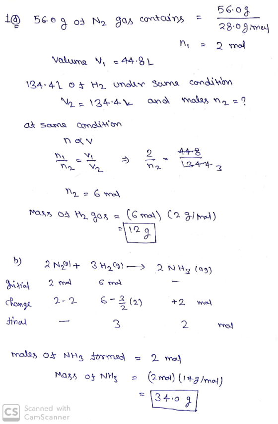 1@ - 56.09 56.0 g od Ng gas containg = = 1 28.0 giney ni = 2 mal valume No - 44.8L 134.42 of H2 under same condition - N2 = 1