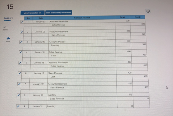 View transaction ist View journal entry worksheet General Journal Debit Credit No 1 Date January 03 January 03 Accounts Recei