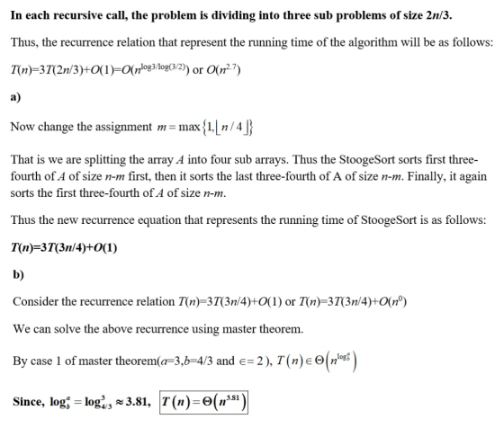 In each recursive call, the problem is dividing into three sub problems of size 2n/3. Thus, the recurrence relation that repr
