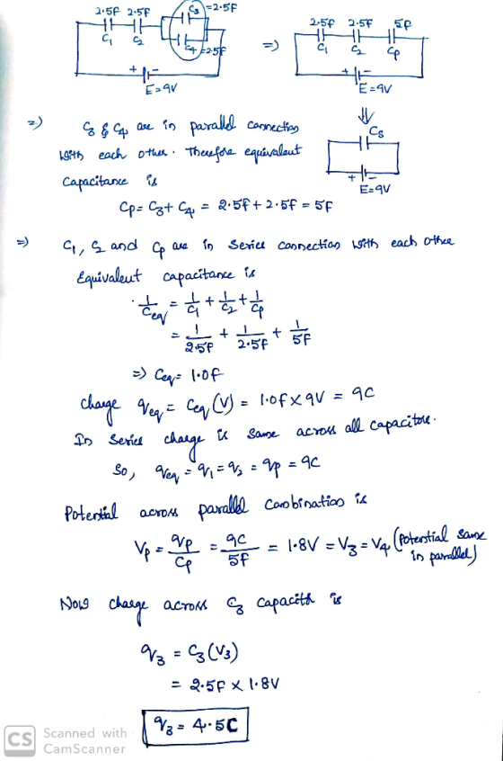 2.57 2.54 = 2.57 2.54 2.56 50 받다 to 2.56 tar =) Esqv E = 9V Q & Q are in parallel correction with each other. Therefore equiv