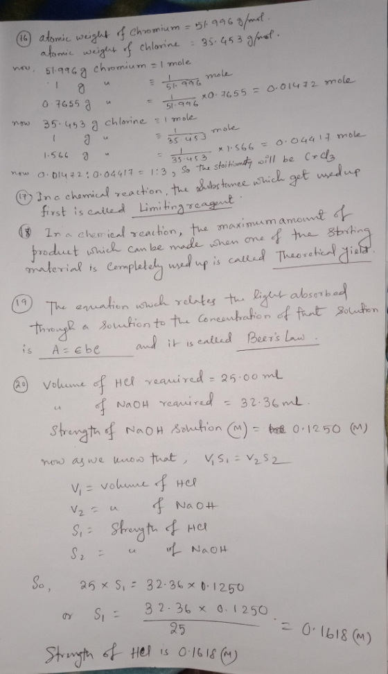 (16) atomic weight of chromium = 51.996 g/mol. atomic weight of chlorine = 35.453 g/mol. 51.996g chromium = 1 mole I gu 6 mol