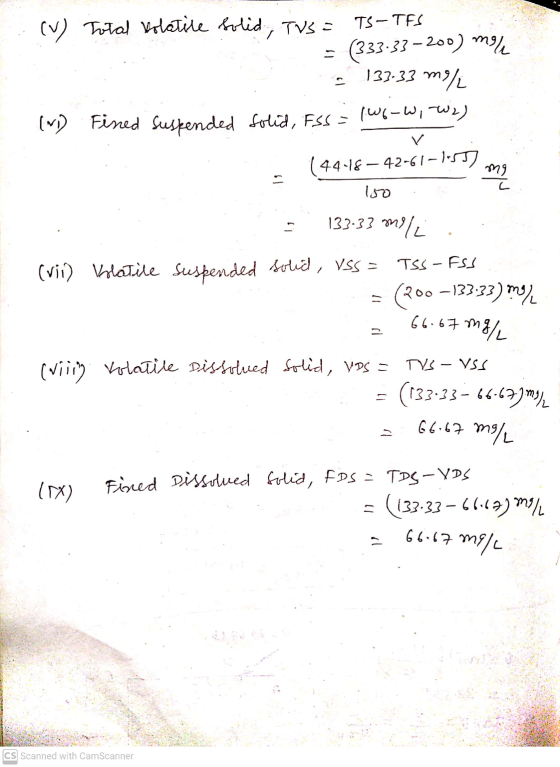 (v) Total Volatile solid, TVS = TS-TFS (333-33-200) mele 133.33 m my/ (V12 (W6W,W2) Fined Suspended folid, FSS = (44-18-42-61