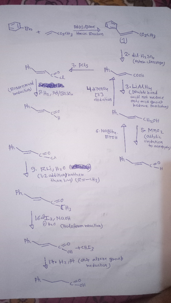 3 + * Pd ) / Base CO2CH3 Heck Reaction 2CH2 2. dil H₂SO4 B (ester cleavage) to pats COOH 4.KMnoy (12088en mund beducho 8. Hz,
