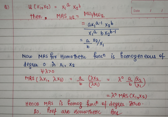 U (X1, X2) = x, a Xab odt Date I I then , MRS 12 = M/MU. - ax, a-txaborg de X, a b xab-t = a X2/ b Now MRS for Homo thetic fu