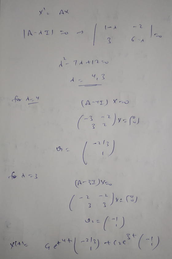 xs AX | A-Il to -> 3 6-1 2 -7 7+120 d 4,3 for dry (A-4I) Xro - 2 13 3 2) y = { 2 -213 fo =3 (A-3I) - ( ) x = (%) Ona () 3t y