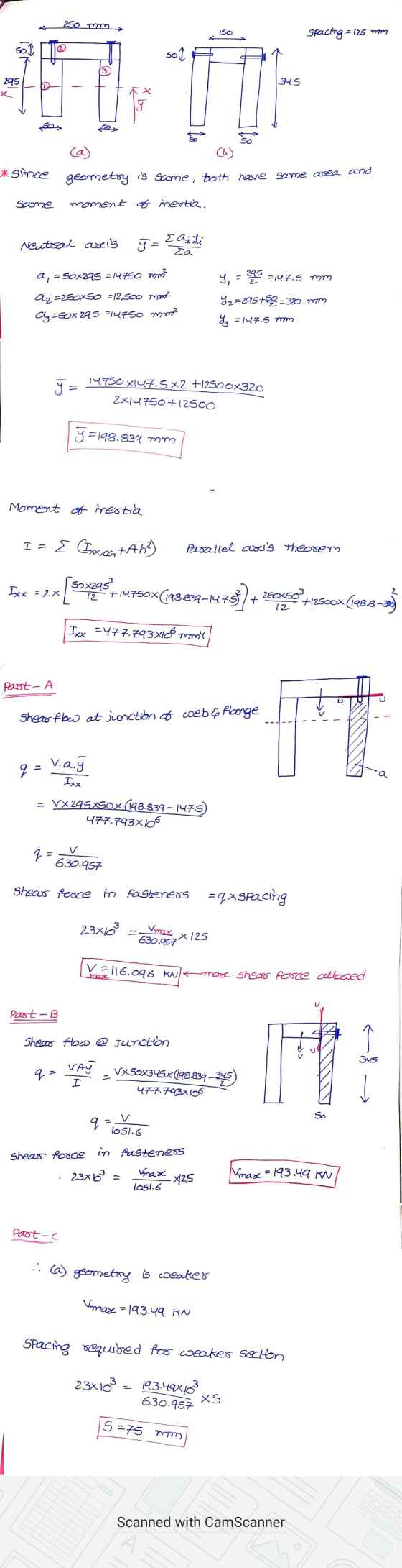 250 mm 150 Spacing = 125 mm sol 345 2915 х n Я (a) (6) geometry is same, both have same area and *since Scome moment of inert