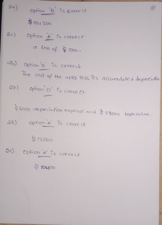 Option B is correct $ 84 300 option À is correct a loss of $ 10000 25) 26) option B is correct The cost of the asset less