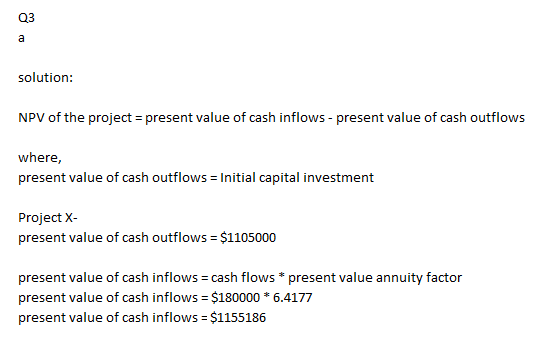 solution: NPV of the project = present value of cash inflows - present value of cash outflows where, present value of cash ou