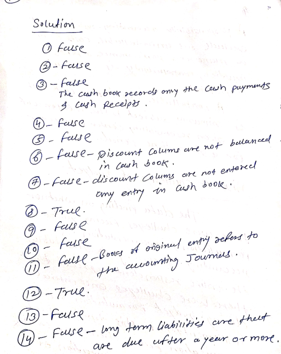 Solution O fause O - Fuse -false The ceash book pecordy ony the Ceh puyments 3 cuph Recelps. Feulse fuls e False-piscount Cou