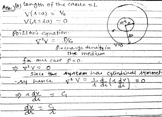 Vevo ea Ans.(a) length of the cable =L V(x=) No V(2=2a) Poissons equation: V?v=37€ VZO I change density in the medium for ou