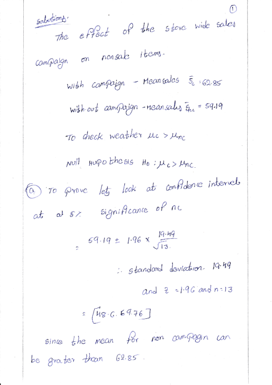 salutions The effect of the store wide sales nonsake items campaign Mean sales Se 62.85 with campaign without campaign -nean