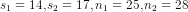 s_{1}=14, s_{2}=17,n_{1}=25,n_{2}=28