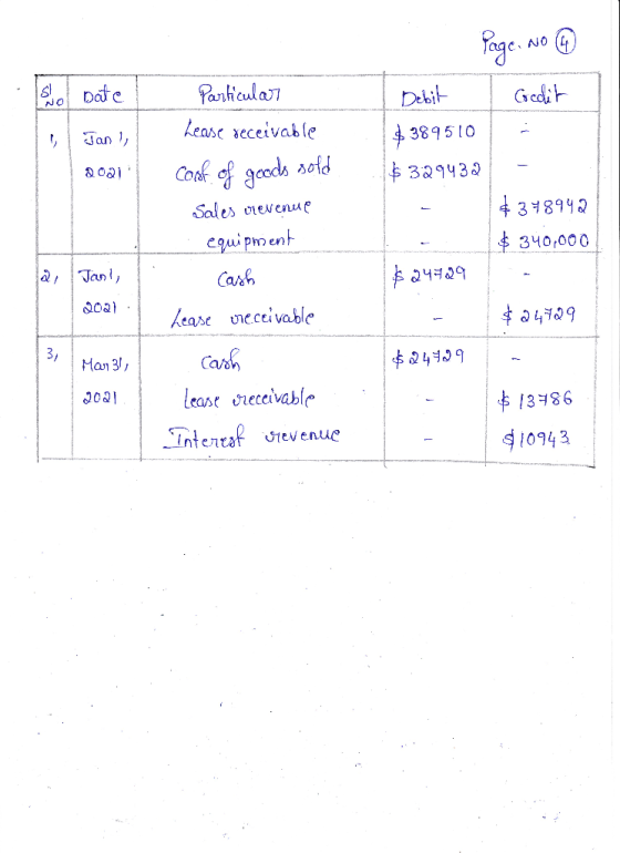 Date ! Page. No 4 Debit . Gredit $389510 NO Jan ! 2001 $329432 $348942 $ 340,000 Particular Lease receivable cost of goods so
