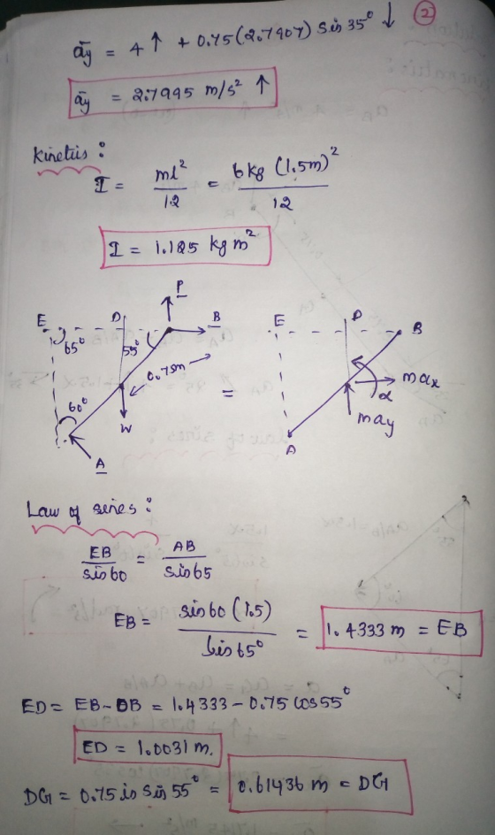 ay = 47 + 0.45 (207904) sis 350 L ③ ay = 2:7995 m/s2 1 kinetics : me² 6 kg (1.5m² I- 12 I = 1.105 kg me B. : 8 559 0.75m max
