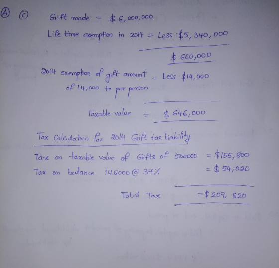 ^ () Gift made - $6,000,000 Life time exemption in 2014 = Less $5,340,000 $ 660,000 2014 exemption of gift amount - Less : $1