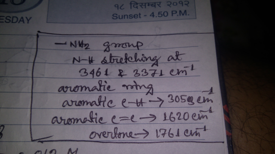 १८ दिसम्बर २०१२ Sunset - 4.50 P.M. ESDAY — N2 group. N-H stretching at 3461 & 3371 cmt aromatic ring aromatic et 3059 cm arom
