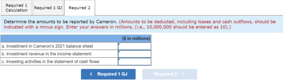 Required 1 Calculation Required 1 GJ Required 2 Determine the amounts to be reported by Cameron. (Amounts to be deducted, inc
