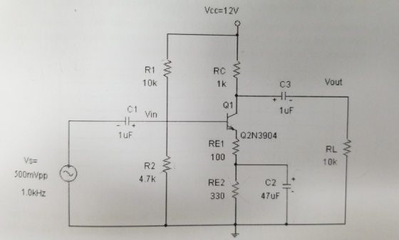 Vcc=12V 1k C3 Vout Q11 1uF Q2N3904 RE1 S 1001 Vs 500mVpp R2 10K 4.7k RE2 330 C2 I 1.0KHz 470F