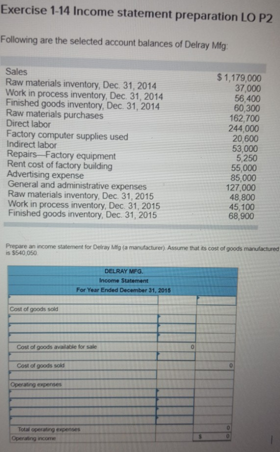 Exercise 1-14 Income statement preparation LO P2 Following are the selected account balances of Delray Mfg. Sales Raw materia
