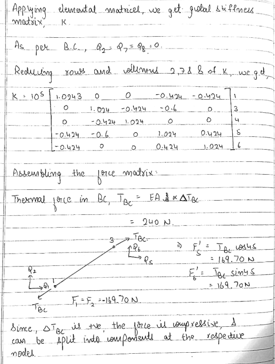 Applying matrix elemental matricel, we get guolial stiffeness R As .per B.C., Q P₂ = 2q = 0. Reduring rows and willmal 2,78 8