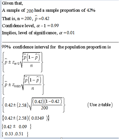 Given that, A sample of 200 had a sample proportion of 42% That is, n=200, p =0.42 Confidence level, u-1=0.99 Implies, level