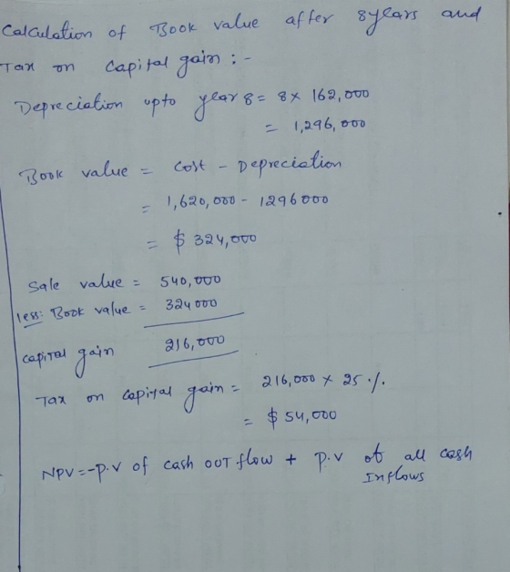 and Calculation of Book value after syears Tax on capital gain : - Depreciation up to y lay 8 = 8x 162,000 - 1,296,000 Book v